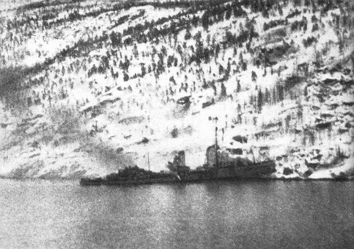 narvik8.jpg - In the inner recesse of Rombak's Fiord, the remaining four enemy destroyers were trapped. Here one of them is aground. She was later bombed by the Swordfish.